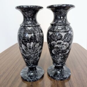 Pair Of Black & Gray Quartz Vained Marble Floral Etched Footed Vases Solid Stone